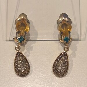 Vintage AUSTRIA Signed Gold Tone Yellow Rhinestone Teardrop Clip On Earrings